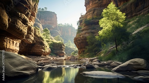 A stunning and majestic view of a tranquil canyon with a natural bridge that spans the river