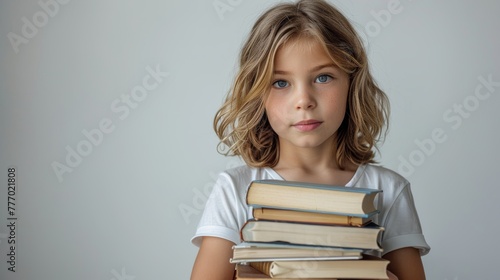 A young girl stack of hardcover books in his hands on a white background, portraying a sense of hope and the pursuit of knowledge.