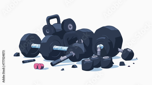 Pile of sport equipment like kettlebell barbell and du
