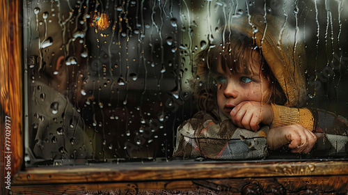 A sad child sitting by the window wearing jacket with hoodie raining outside