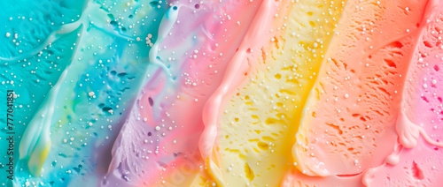 Frozen rainbow ice cream swirls colorful dessert background.