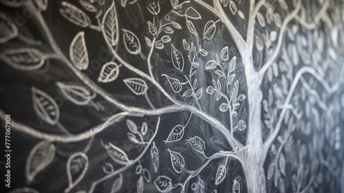 On one chalkboard wall a family tree is drawn out with delicate branches and leaves representing the different artists who have worked in the space. Each persons name and a brief description .