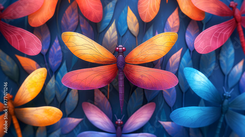 Colorful dragonflies on a background of colorful leaves