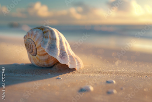 A 4K image of a seashell resting on a sandy beach, capturing its delicate curves and textured surface.