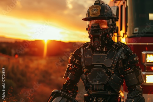 A human looking firefighter robot standing in front of a firetruck with the sun setting in the background