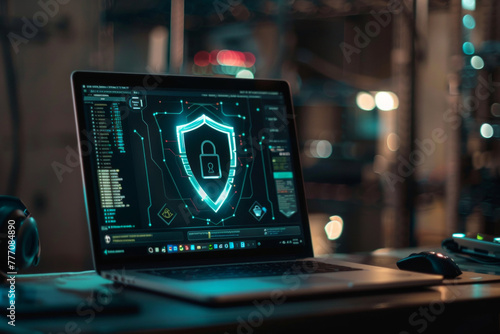 A laptop screen showing a shield icon with a padlock, cybersecurity concept