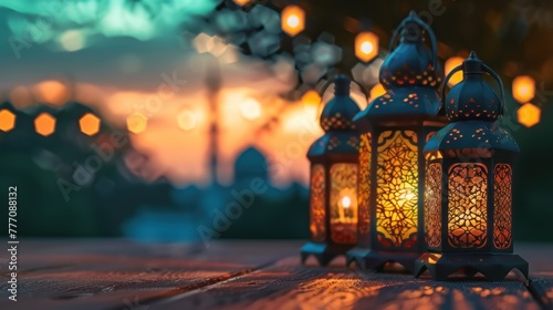 Festive Eid al-Fitr celebration scene with ornate lanterns against a sunset mosque silhouette