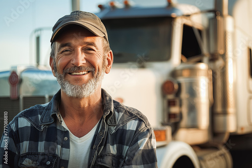 Smiling middle aged man truck driver posing with truck in the background.