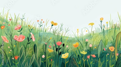 Simplistic green strokes depict a cartoon spring meadow