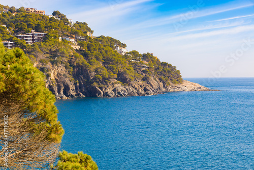 Un paisaje invernal de la costa de Llansa a Calella de Palafrugell, mostrando las azules aguas del Mediterráneo bordeando acantilados y lujosas residencias entre pinos.