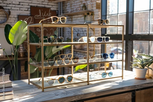 A display case showcasing a variety of stylish glasses frames in a retail store