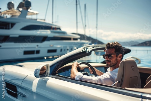 A man drives a convertible car alongside a luxurious yacht in a bustling harbor