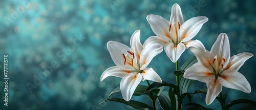 White lilies on blue background with space for condolence message. Concept Condolence, White Lilies, Blue Background, Space for Message