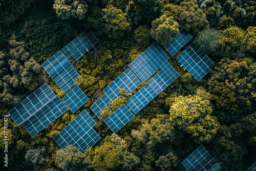 A group of solar panels installed in the middle of a forest, harnessing renewable energy and reducing carbon emissions