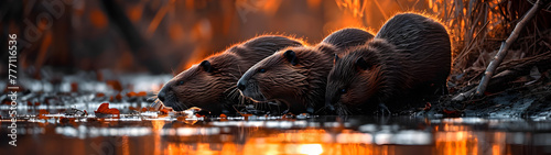 Beaver family sitting at the bank of the forest river with setting sun. Group of wild animals in nature. Horizontal, banner.