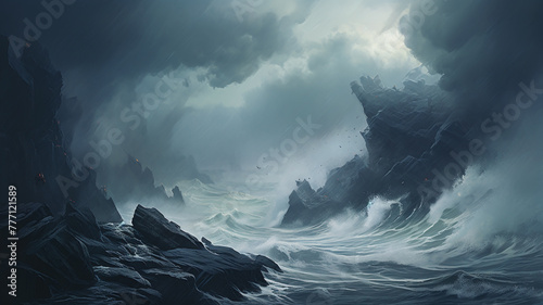 An otherworldly seascape with jagged cliffs and crashing waves.