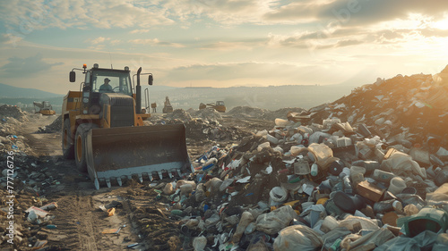 Bulldozer at a garbage dump. The concept of improper garbage disposal. Negative Human Impact on the Environment.