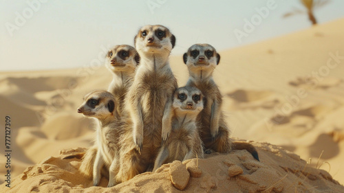 Enchanting ultra 4k, 8k photo of a family of meerkats huddled together in the desert sands, their curious expressions and playful antics captured with stunning realism