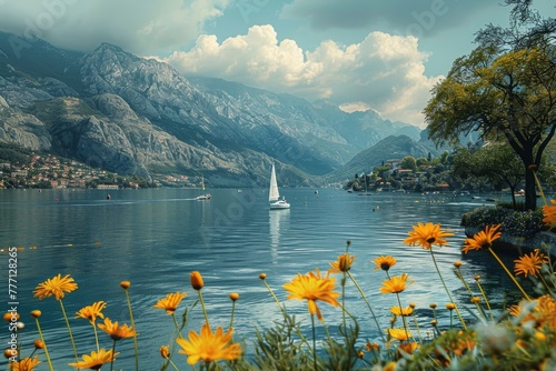 Picturesque lake scene with boats gliding by, artistically composed to highlight the harmony between nature and leisure activities.
