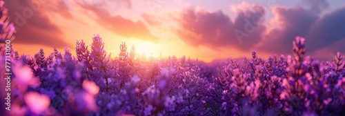 Blossoming Dreams A Purple Sunset Amidst Lavender Fields Generative AI