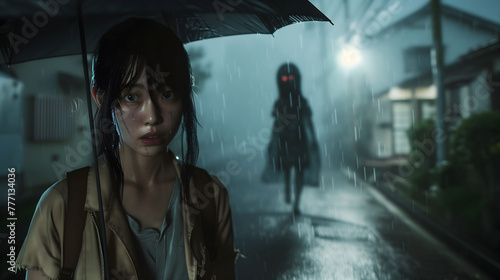 夜雨の中日本人女性に忍び寄るモンスター