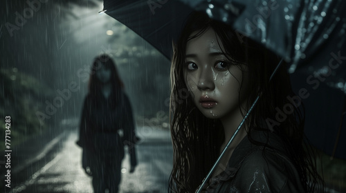 雨が降る夜中の道で日本人女性と忍び寄る人影が写るホラー感のある画像
