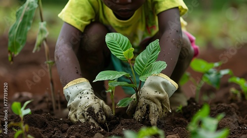 close-up of an African American child planting a plant