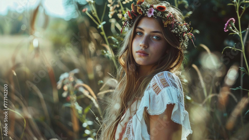 Bohemian style with a flowy maxi dress and flower crown on a free-spirited model.