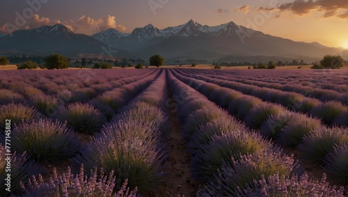 lavender fields with high mountains in the background