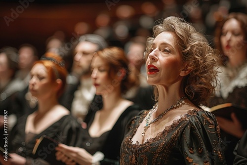 Blonde opera singer in elegant black dress performs with choir on grand stage under soft spotlight.