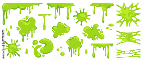 Cartoon green slime. Dripping mucus sticky liquid, slimy blobs, bright toxic stain, slimes border, messy splashes and splatter. Comic Halloween drops elements for banner. Vector set