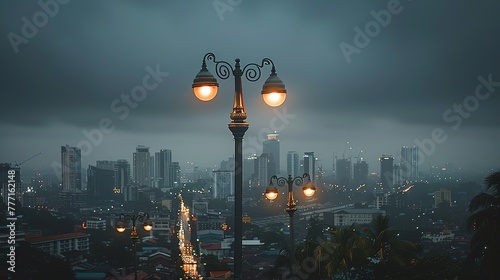 A city streetlight stands against the backdrop of a sprawling urban evening, with car headlights illuminating the streets below. Heavy leaden clouds loom in the sky.