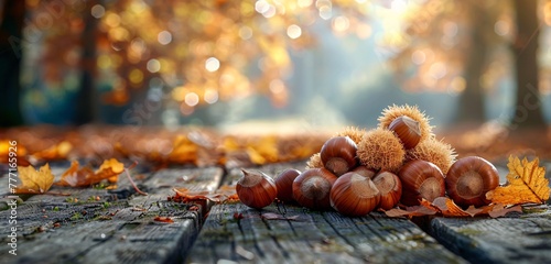 Autumnal Harvest A Collection of Freshly Picked Hazelnuts Amidst the Falling Leaves Generative AI