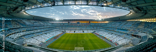 Empty soccer stadium at dusk, anticipation of the match, sports and architecture