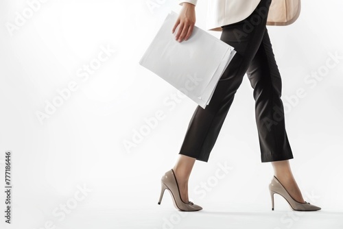 business woman walks on heels with documents on white background