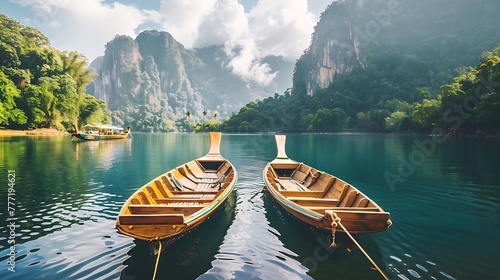 Two boats on a water and beautiful mountain peak on the background