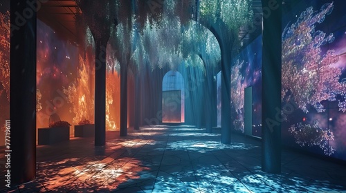 Mystical corridor with colorful galaxy projections on walls, creating a dreamy cosmic atmosphere.