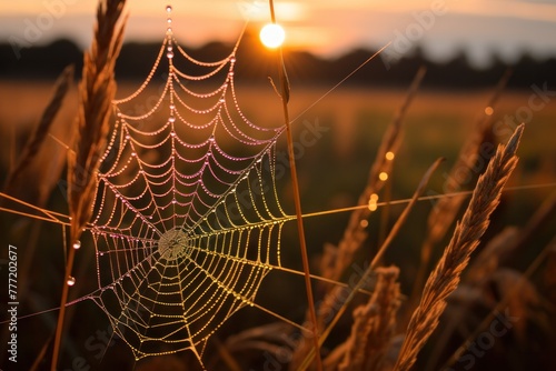 Spider web with dew at sunset