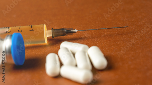 doping drugs, tablets, syringes and penetrations for taking doping samples, concept of high-performance sport with the use of prohibited medications.