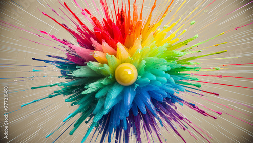 This image depicts a vibrant 3D rendering of a radiant color explosion, originating from a central yellow sphere. The full spectrum burst symbolizes creativity and exudes dynamic energy.