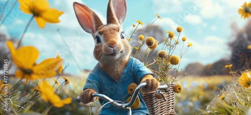 Happy birthday postcard. Fashion portrait of anthropomorphic rabbit in blue T-shirt rides a bicycle along meadow