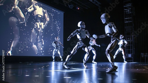 Robotic actors performing a play on stage with lifelike movements.