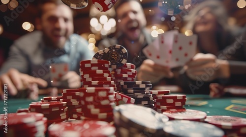 Portrait of poker chips falling and people winning a celebration type backdrop with space and blurry backdrop, Generative AI.