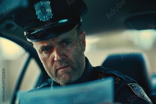 Close up of a police cop writing a traffic ticket or fine to a male driver in his car for speeding