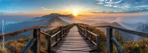 A wooden path, which is located in the bosom of nature reminiscent of eternity, and the sun is shining from the front.