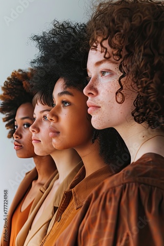 Profile view of four women with diverse curly hairstyles.