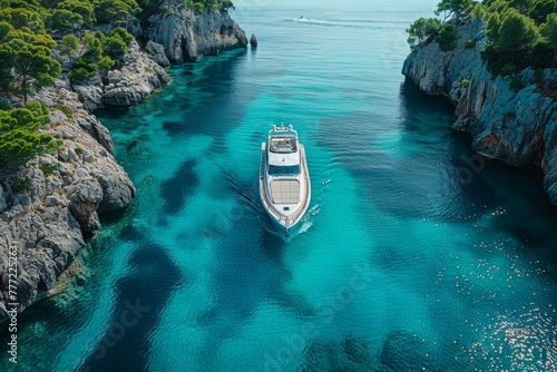 Luxurious yacht navigating a scenic narrow passageway with crystal clear blue waters enclosed by tall rugged cliffs