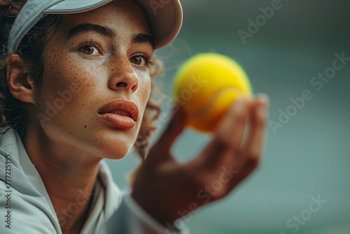 An intense portrait of a tennis player with freckles, holding a yellow tennis ball, and focused