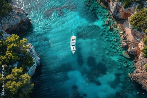 Bird's-eye shot captures a lavish yacht amid the crystal clear waters of a serene coastal cove surrounded by rocky outcrops