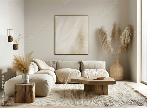 Beige sofa in a modern living room interior with a designed armchair and wooden table, decorative elements like a beige rug, vases of pampas grass, abstract paintings on the wall